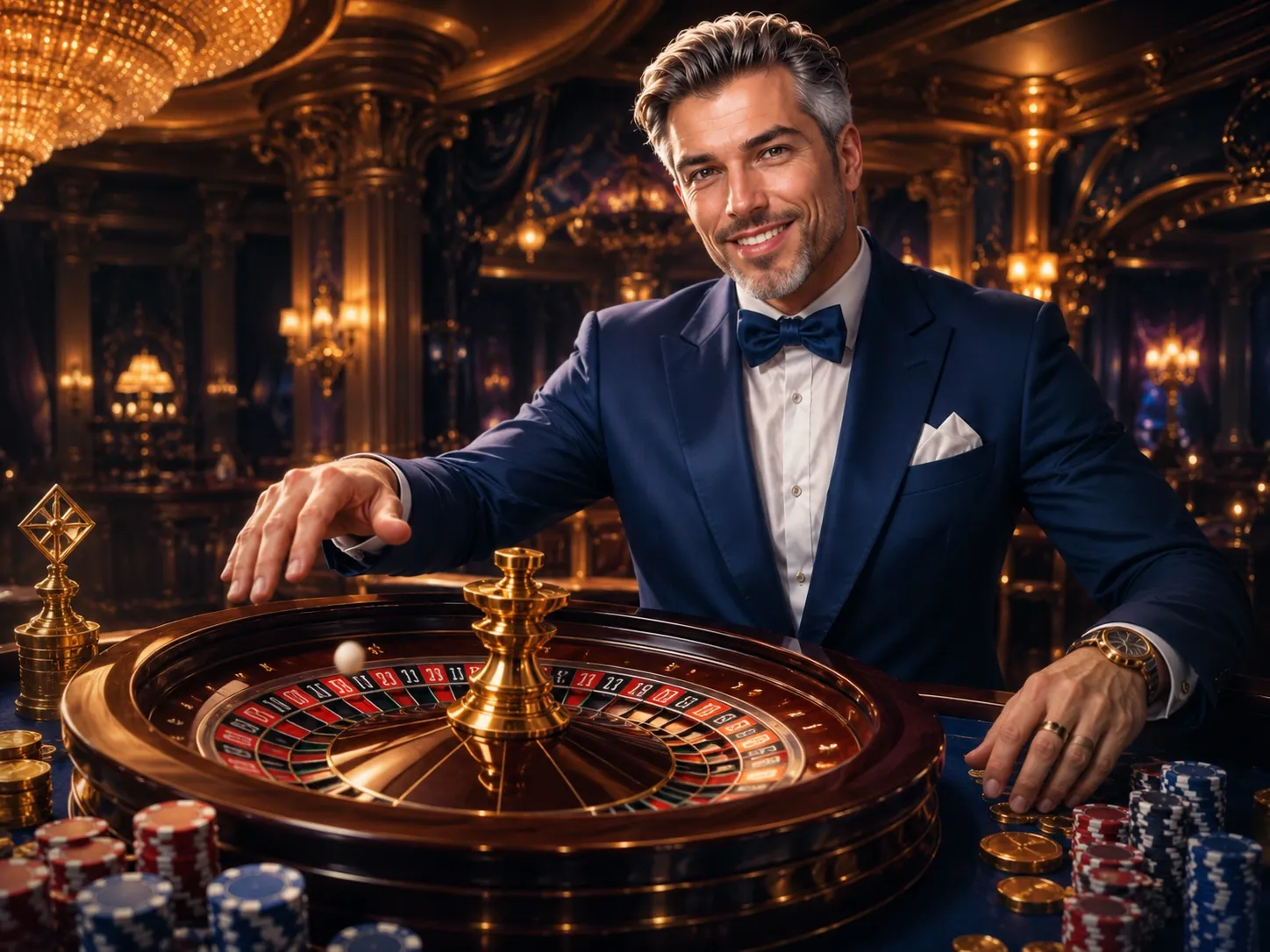 Luxury roulette table casino wheel with chips and gold coins